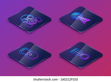 Set Isometric line Gas mask , Kettlebell , Radar  and Military reward medal . Blue square button. Vector