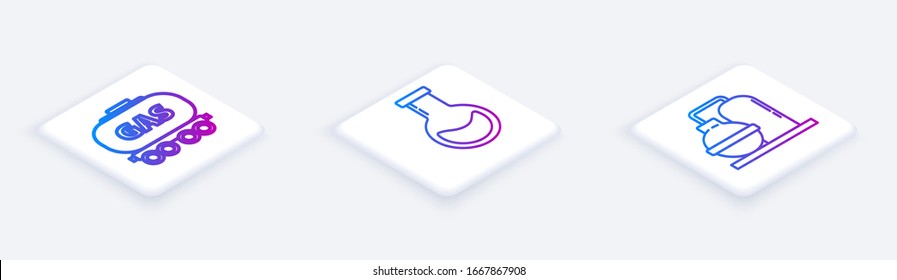 Set Isometric line Gas railway cistern, Test tube and flask and Oil and gas industrial factory building. White square button. Vector
