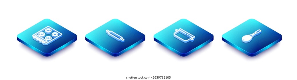 Set Isometric line Gas stove, Rolling pin, Cooking pot and Kitchen whisk icon. Vector