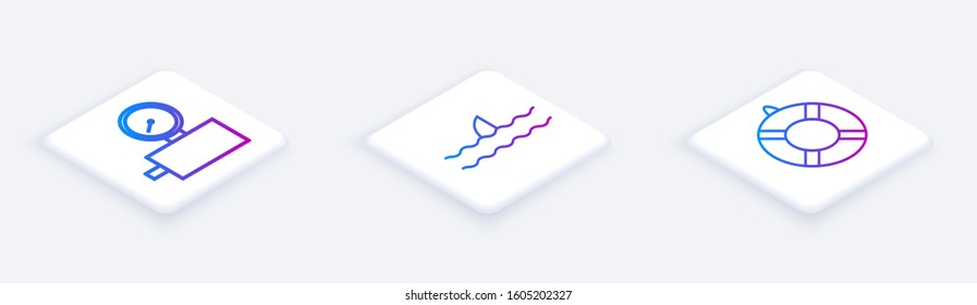 Set Isometric line Gauge scale, Shark fin in ocean wave and Lifebuoy. White square button. Vector