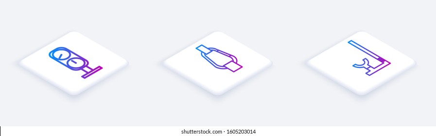 Set Isometric line Gauge scale, Carabiner and Snorkel. White square button. Vector