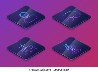 Set Isometric line Gauge scale, Fishing boat on water, Glasses and cap for swimming and Industry metallic pipes and valve. Blue square button. Vector