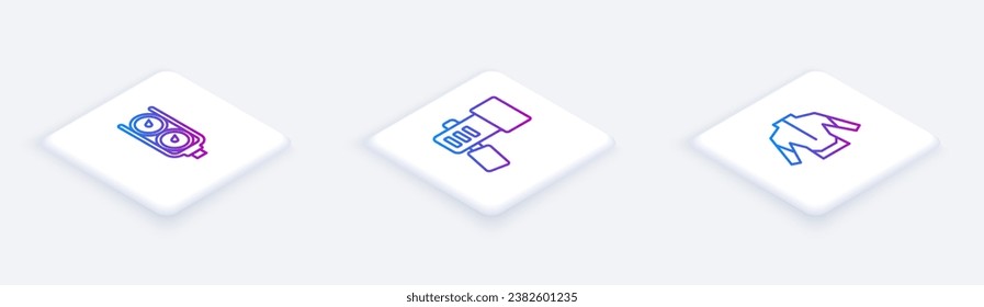 Set Isometric line Gauge scale, Flashlight and Wetsuit. White square button. Vector