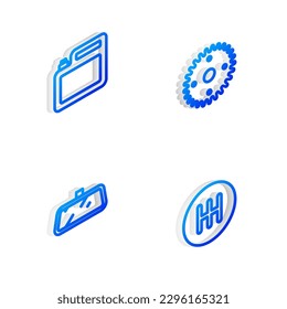 Set Isometric line Gear, Canister for motor oil, Car mirror and shifter icon. Vector