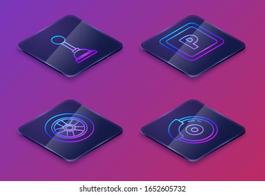 Set Isometrischer Line Gear Shifter, Auto-Rad, Parking und Auto-Bremse Scheibe mit Kaliber. Blauer Quadrat-Knopf. Vektorillustration