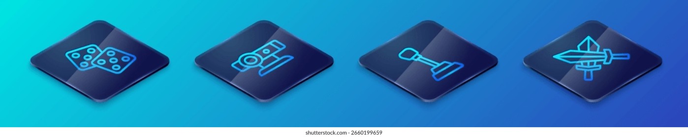 Conjunto de línea isométrica Gear shifter, juego de dados, espada para el juego y el icono de la cámara de Web. Vector