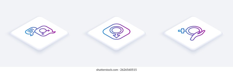 Set Isometric line Gender equality, Male gender and Female. White square button. Vector