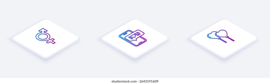 Set Isometric line Gender, Mobile with heart and Balloons in form of. White square button. Vector