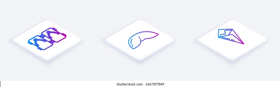 Set Isometric line Geta traditional Japanese shoes, Chinese fortune cookie and Temaki roll. White square button. Vector