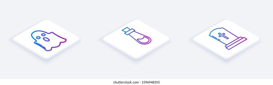 Set Isometric line Ghost , Bottle with potion  and Tombstone with cross . White square button. Vector