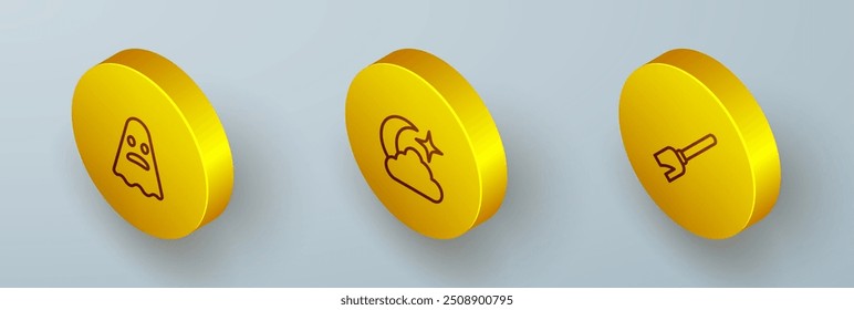 Set Isometric line Ghost, Moon and stars and Witches broom icon. Vector