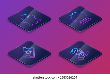 Set Isometric line Ghost, Ticket, Magic ball and Hand holding playing cards. Blue square button. Vector