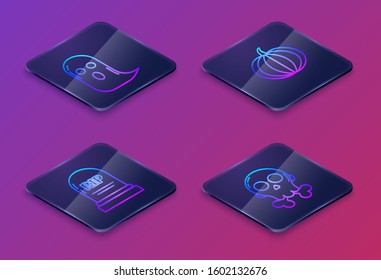 Set Isometric line Ghost , Tombstone with RIP, Pumpkin  and Skull on crossbones . Blue square button. Vector