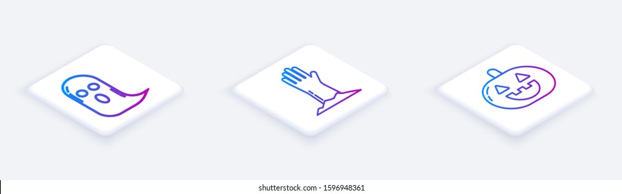 Set Isometric line Ghost , Zombie hand  and Pumpkin . White square button. Vector