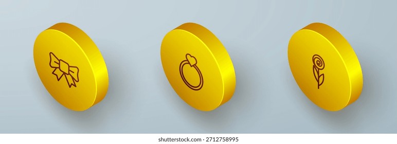 Set Isometric line Gift bow, Diamond engagement ring and Flower icon. Vector