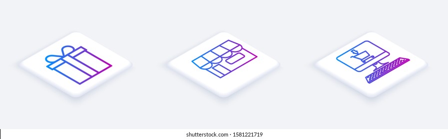 Set Isometric line Gift box, Shopping building or market store and Shopping cart on screen computer. White square button. Vector