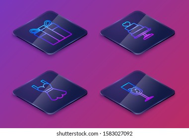 Set Isometric line Gift box, Woman dress, Wedding cake with heart and Glass of champagne. Blue square button. Vector