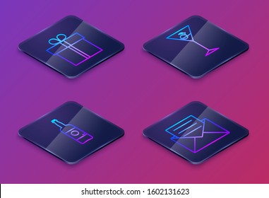 Set Isometric line Gift box , Beer bottle , Martini glass  and Envelope with invitation card . Blue square button. Vector