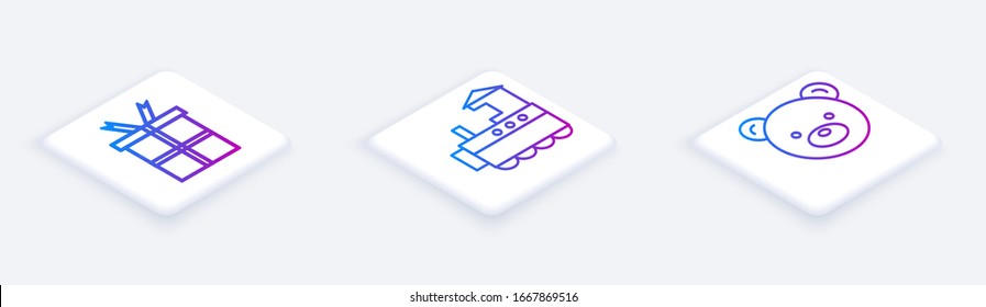 Set Isometric line Gift box, Toy train and Teddy bear plush toy. White square button. Vector