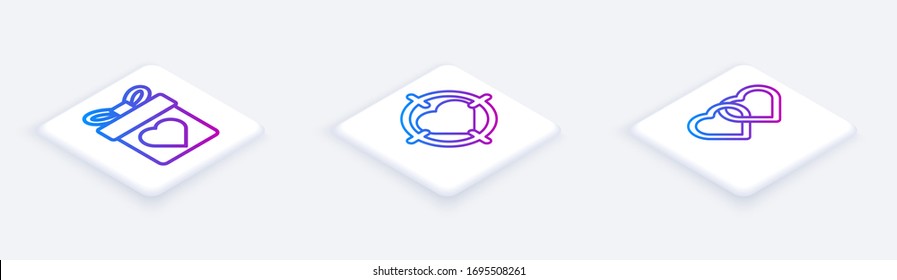 Set Isometric line Gift box with heart, Heart in the center of darts target aim and Two Linked Hearts. White square button. Vector