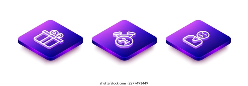 Set Isometric line Gift box, Telephone 24 hours support and Angry customer icon. Vector