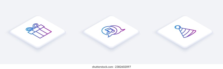 Set Isometric line Gift box, Musical note in speech bubble and Party hat. White square button. Vector