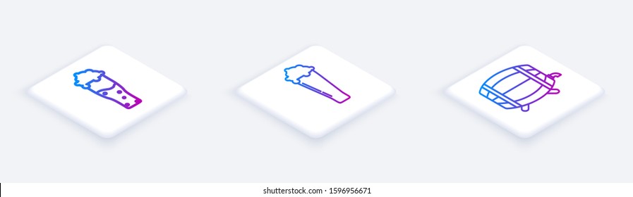 Set Isometric line Glass of beer, Glass of beer and Wooden barrel on rack with stopcock. White square button. Vector