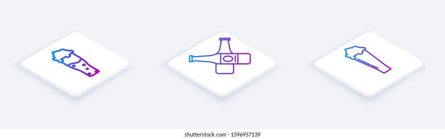 Set Isometric line Glass of beer, Crossed beer bottle and Glass of beer. White square button. Vector