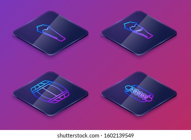 Set Isometric line Glass of beer, Wooden barrel, Glass of beer and Hotdog sandwich with mustard. Blue square button. Vector