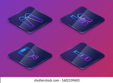 Set Isometric line Glass of beer, Chicken leg, Beer bottle and glass and Beer bottle. Blue square button. Vector