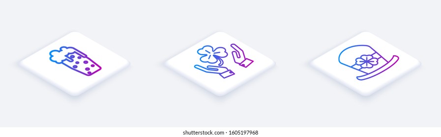 Set Isometric line Glass of beer, Human hands holding four leaf clover and Leprechaun hat and four leaf clover. White square button. Vector