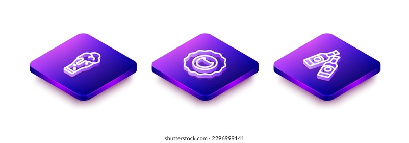 Set Isometric line Glass of beer, Bottle opener and Beer bottle icon. Vector