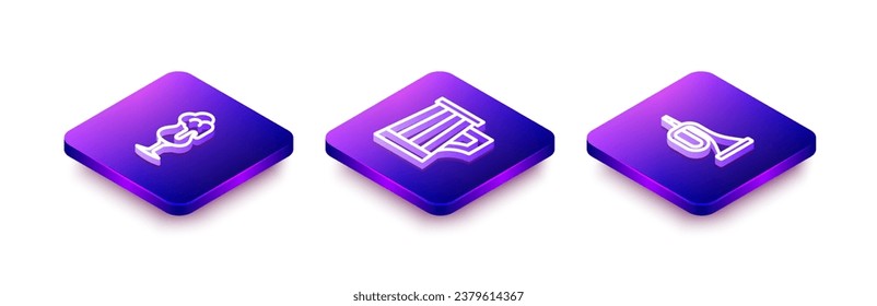 Set Isometric line Glass of beer, Wooden mug and Trumpet icon. Vector