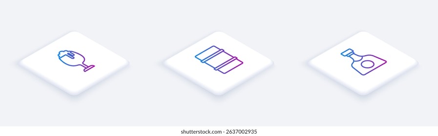 Set Isometric line Glass of beer, Metal keg and Tequila bottle. White square button. Vector