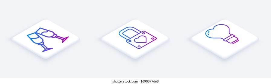 Set Isometric line Glass of champagne, Lock and heart and Heart shape in a light bulb. White square button. Vector