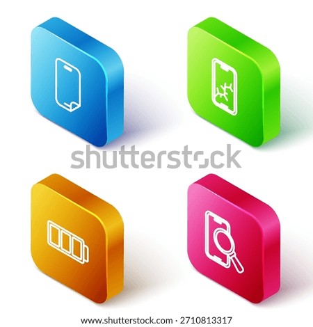 Set Isometric line Glass screen protector, Mobile with broken, Battery and Phone repair service icon. Vector