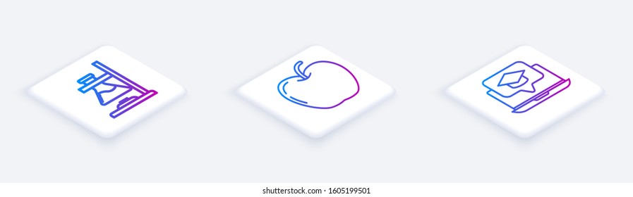 Set Isometric line Glass test tube flask on fire, Apple and Graduation cap on screen laptop. White square button. Vector
