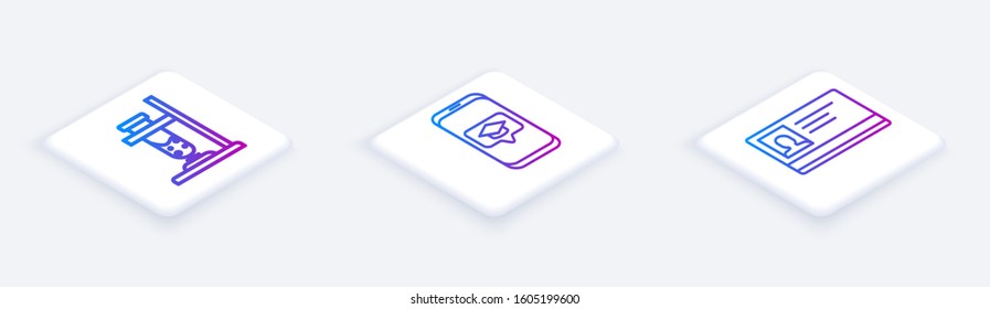 Set Isometric line Glass test tube flask on fire, Graduation cap on screen smartphone and Identification badge. White square button. Vector