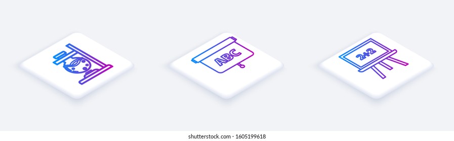 Set Isometric line Glass test tube flask on fire, Chalkboard and Chalkboard. White square button. Vector