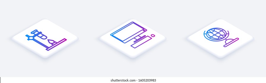 Set Isometric line Glass test tube flask on fire heater, Computer monitor with keyboard and mouse and Earth globe. White square button. Vector