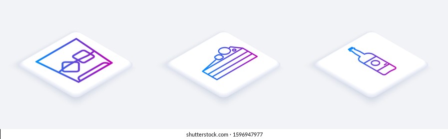 Set Isometric line Glass of whiskey and ice cubes , Cake  and Beer bottle . White square button. Vector