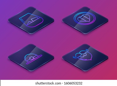 Set Isometric line Glass of whiskey, Leprechaun hat, Heart and Happy Saint Patrick day and Mustache and beard. Blue square button. Vector
