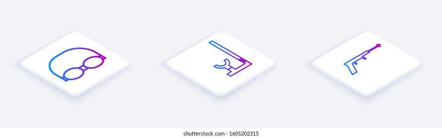 Set Isometric line Glasses and cap for swimming, Snorkel and Fishing harpoon. White square button. Vector