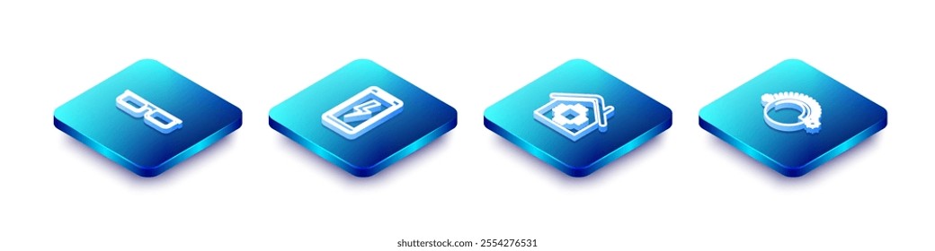 Set Isometric line Glasses, Mobile charging battery, Smart home and Thermostat icon. Vector