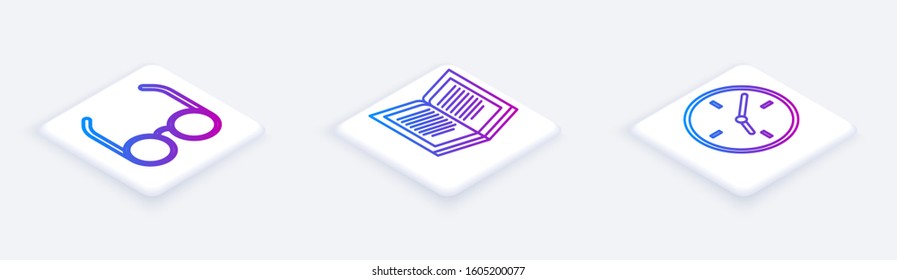 Set Isometric line Glasses, Open book and Clock. White square button. Vector