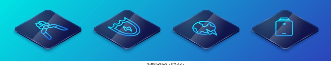 Ajuste la línea isométrica Planeta global con perno, herramienta Pliers, carga de la batería e icono Lightning y shield. Vector