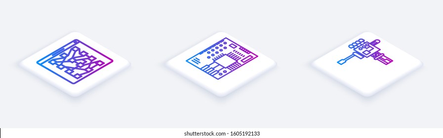 Set Isometric line Global technology or social network, Printed circuit board PCB and Mechanical robot hand and screwdriver. White square button. Vector