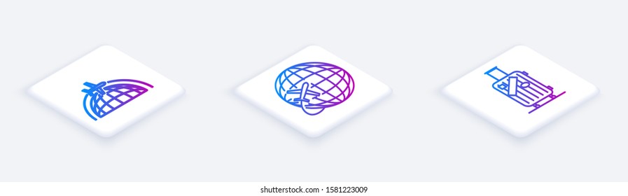 Set Isometric line Globe with flying plane, Globe with flying plane and Suitcase for travel and stickers. White square button. Vector