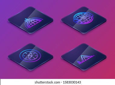 Set Isometric line Globe with flying plane, Compass, Airline ticket and Tourist tent with wood fire. Blue square button. Vector