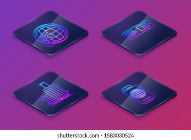 Set Isometric line Globe with flying plane, Suitcase for travel, Travel ticket and Passport with ticket. Blue square button. Vector